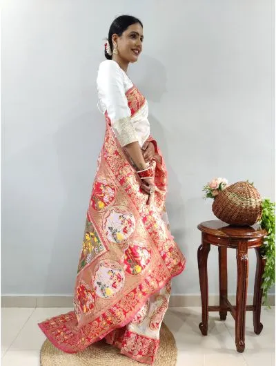 1 Min White-Red Stitched Banarasi Soft Silk Readymade Sari