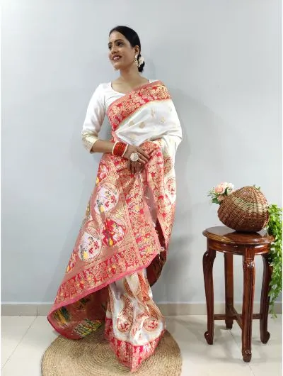 1 Min White-Red Stitched Banarasi Soft Silk Readymade Sari
