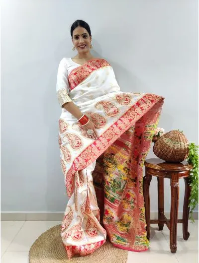 1 Min White-Red Stitched Banarasi Soft Silk Readymade Sari