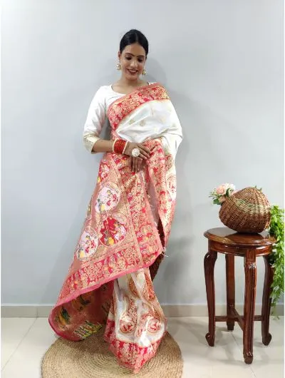 1 Min White-Red Stitched Banarasi Soft Silk Readymade Sari