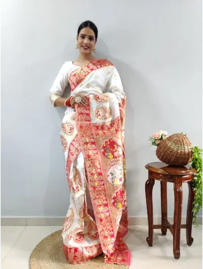 1 Min White-Red Stitched Banarasi Soft Silk Readymade Sari