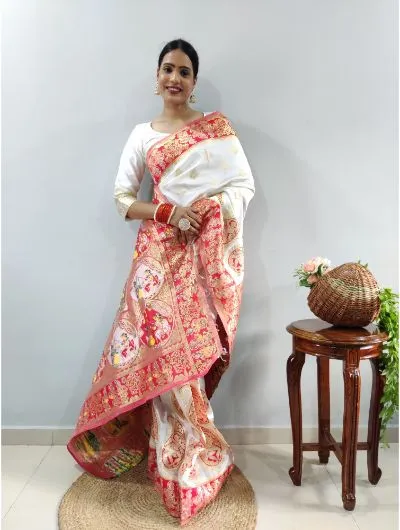 1 Min White-Red Stitched Banarasi Soft Silk Readymade Sari