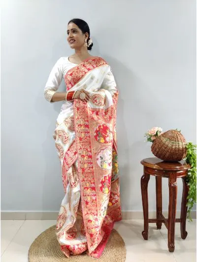 1 Min White-Red Stitched Banarasi Soft Silk Readymade Sari