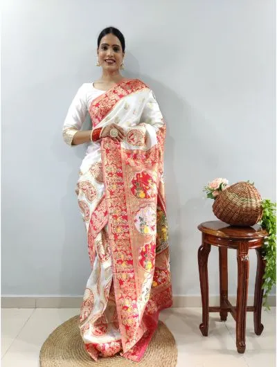 1 Min White-Red Stitched Banarasi Soft Silk Readymade Sari