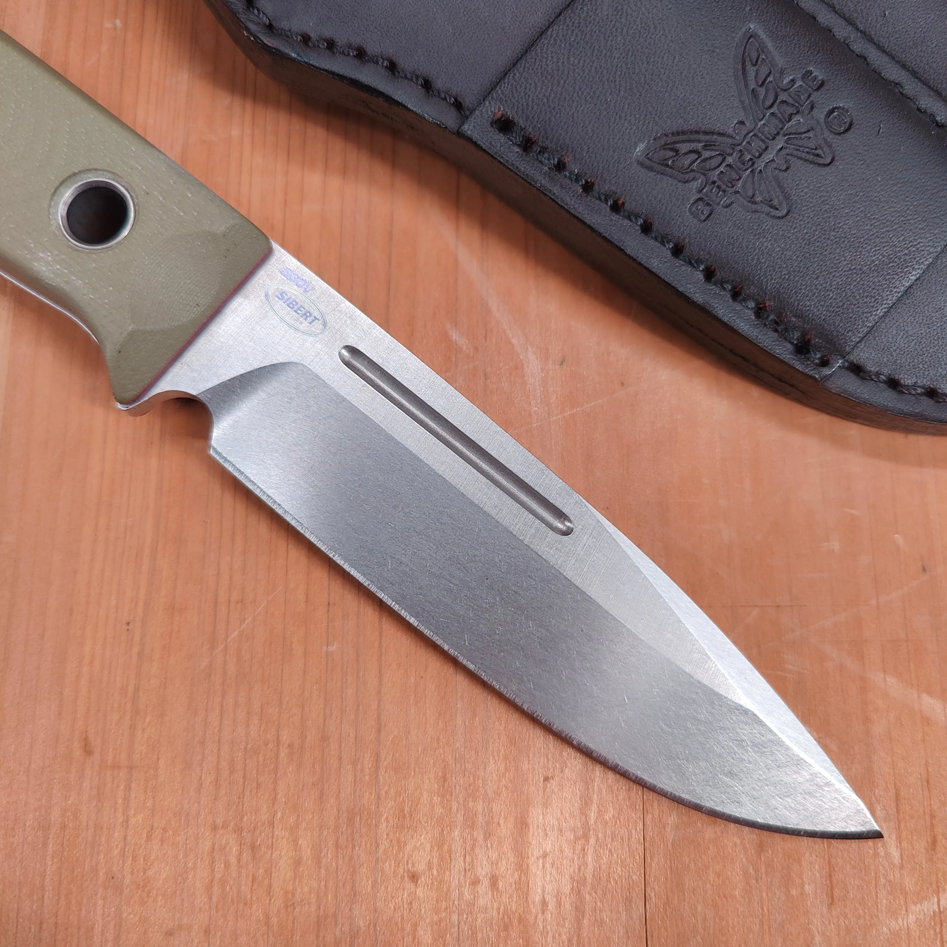Benchmade 163-1 Bushcrafter 4.3" Drop Point CPM-S30V Fixed Blade OD Green G10 Handle with Leather Sheath