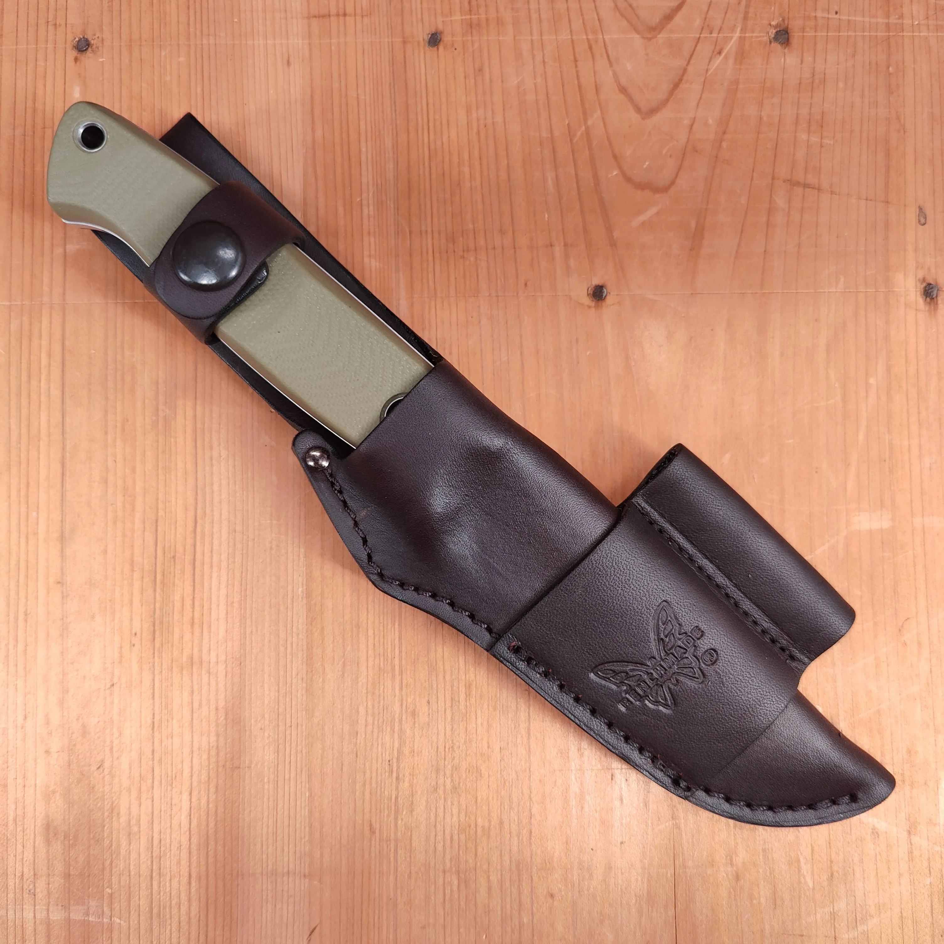Benchmade 163-1 Bushcrafter 4.3" Drop Point CPM-S30V Fixed Blade OD Green G10 Handle with Leather Sheath