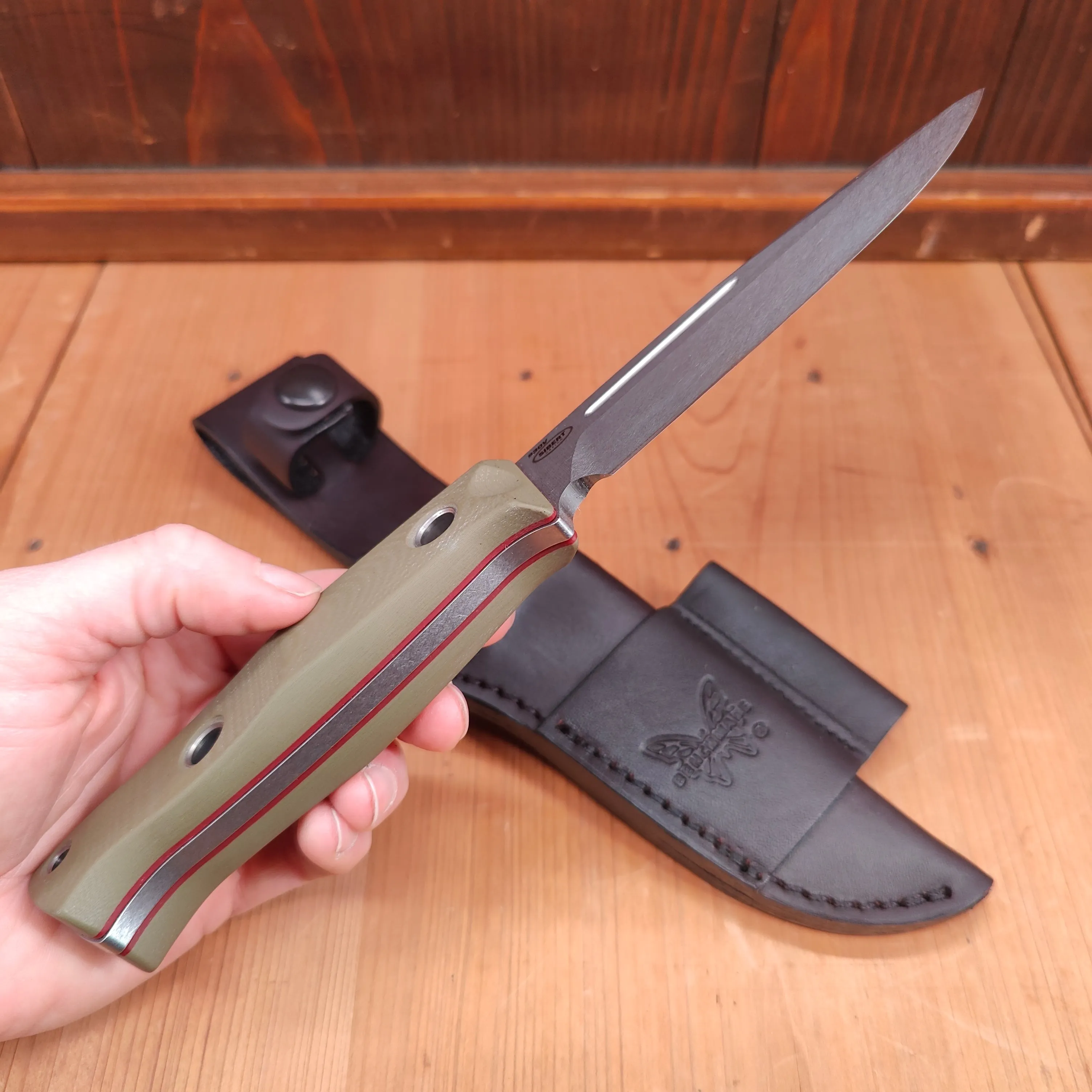 Benchmade 163-1 Bushcrafter 4.3" Drop Point CPM-S30V Fixed Blade OD Green G10 Handle with Leather Sheath