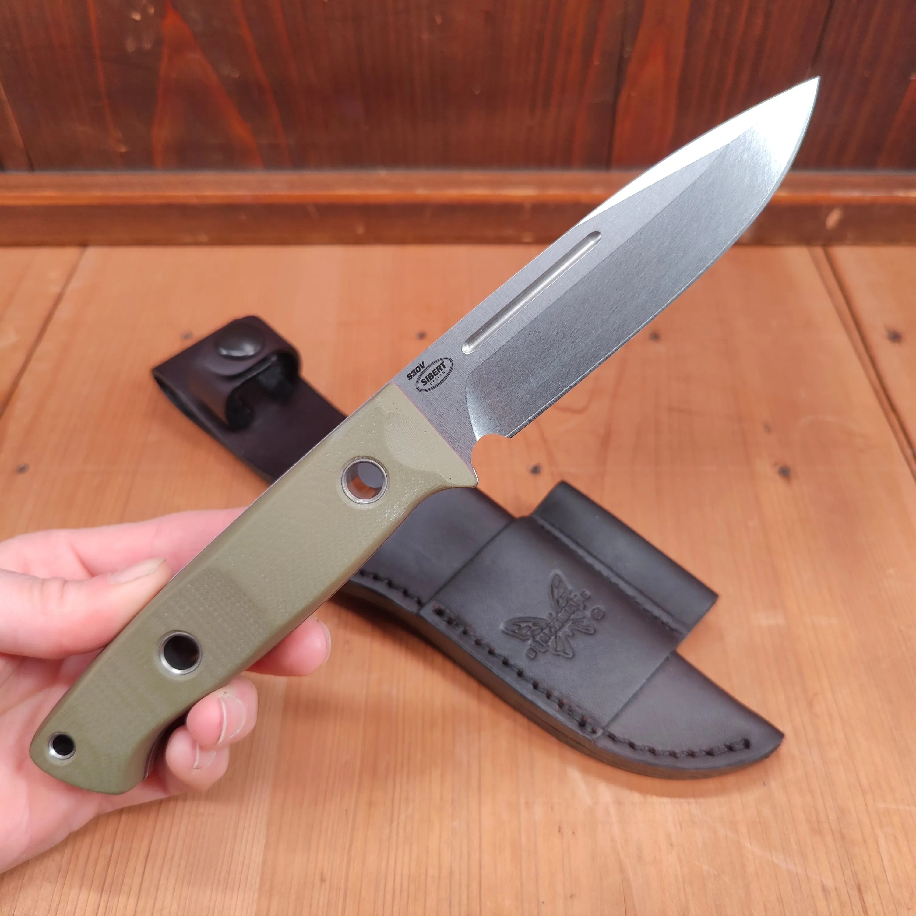 Benchmade 163-1 Bushcrafter 4.3" Drop Point CPM-S30V Fixed Blade OD Green G10 Handle with Leather Sheath