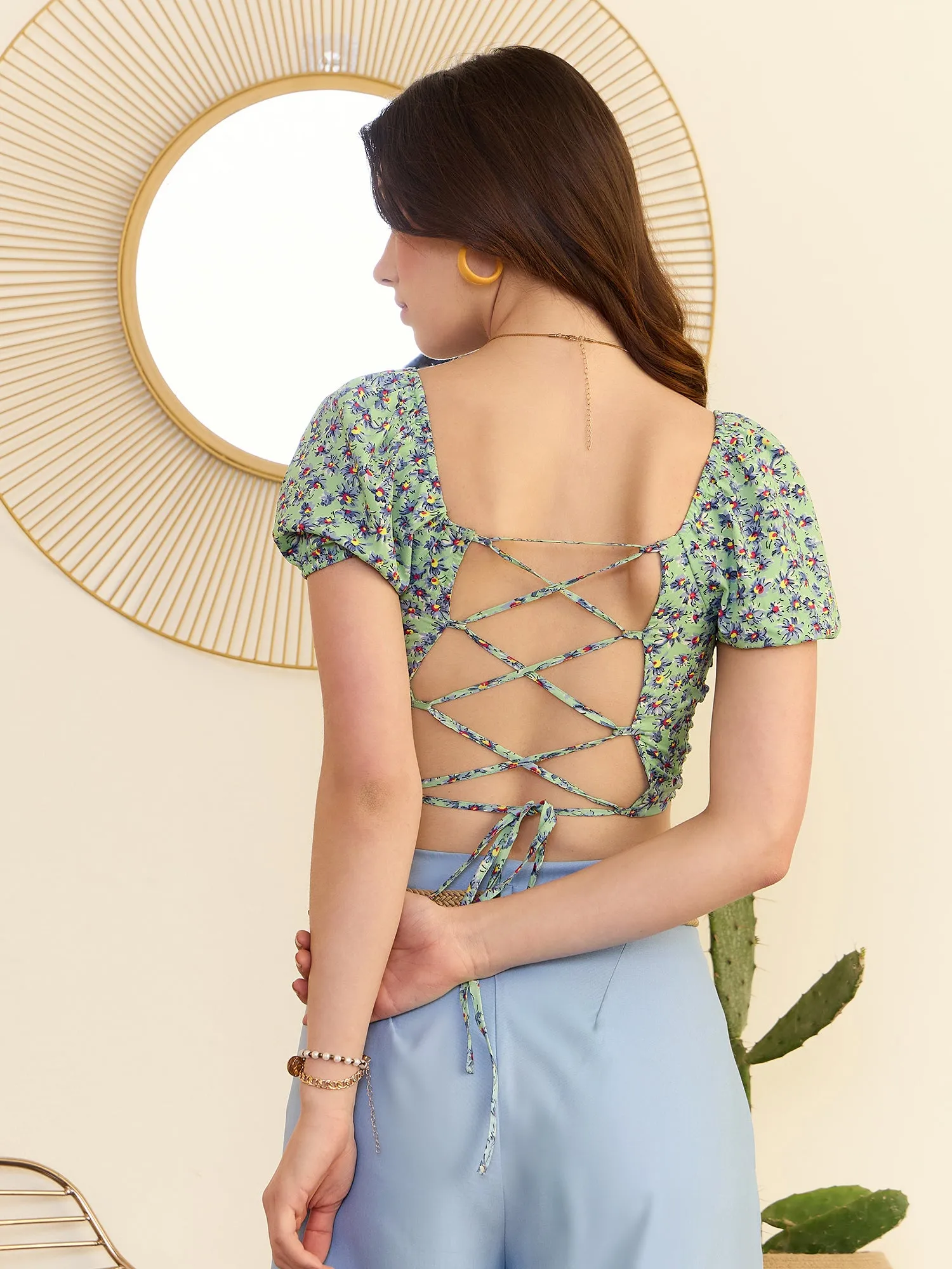 Berrylush Women Green Floral Printed Square Neck Puff Sleeves Caged Tie-Up Back Cropped Top