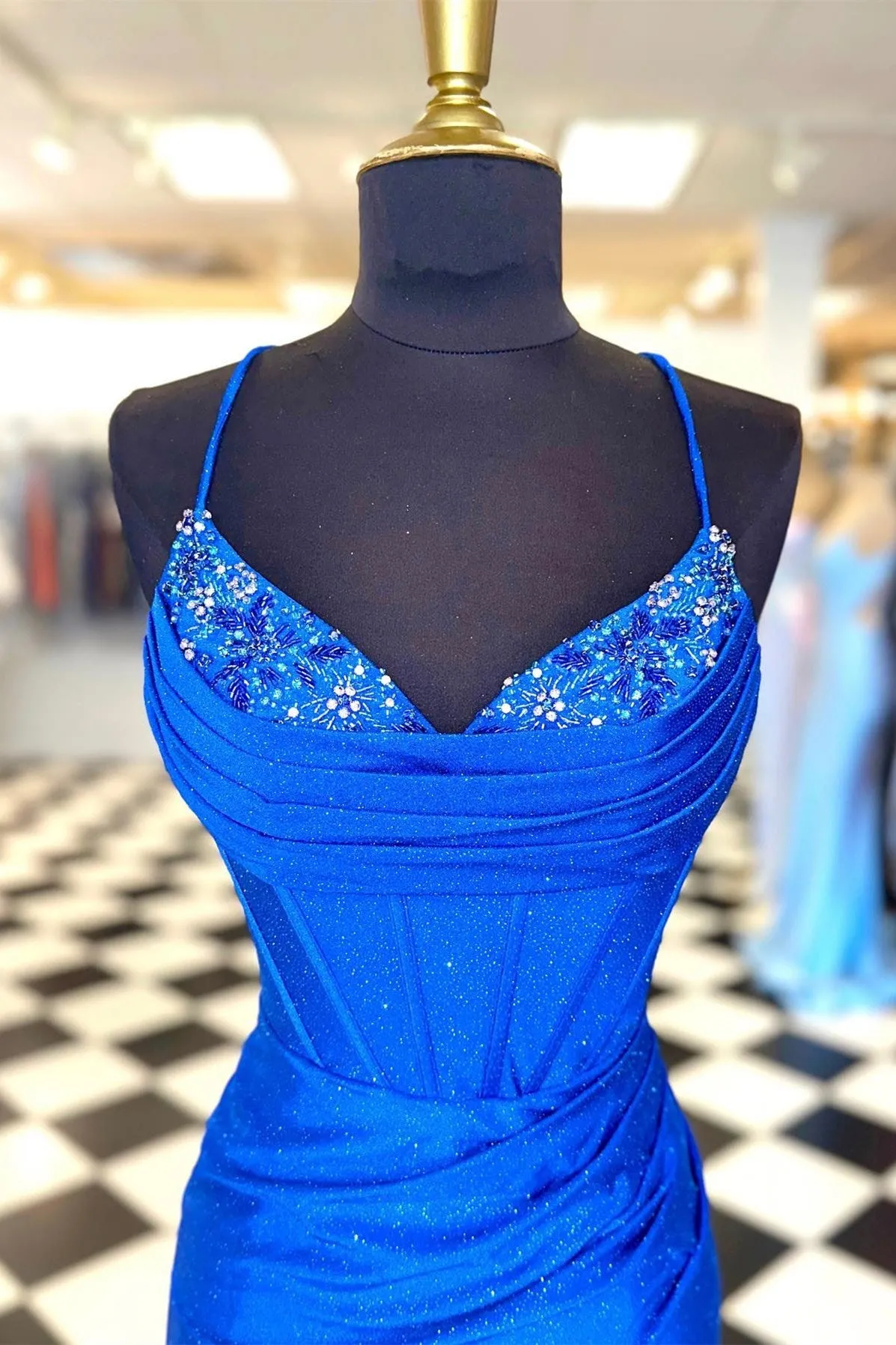 Blue Beaded Cowl Neck Lace-Up Short Cocktail Dress