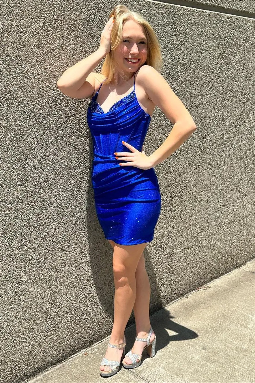 Blue Beaded Cowl Neck Lace-Up Short Cocktail Dress