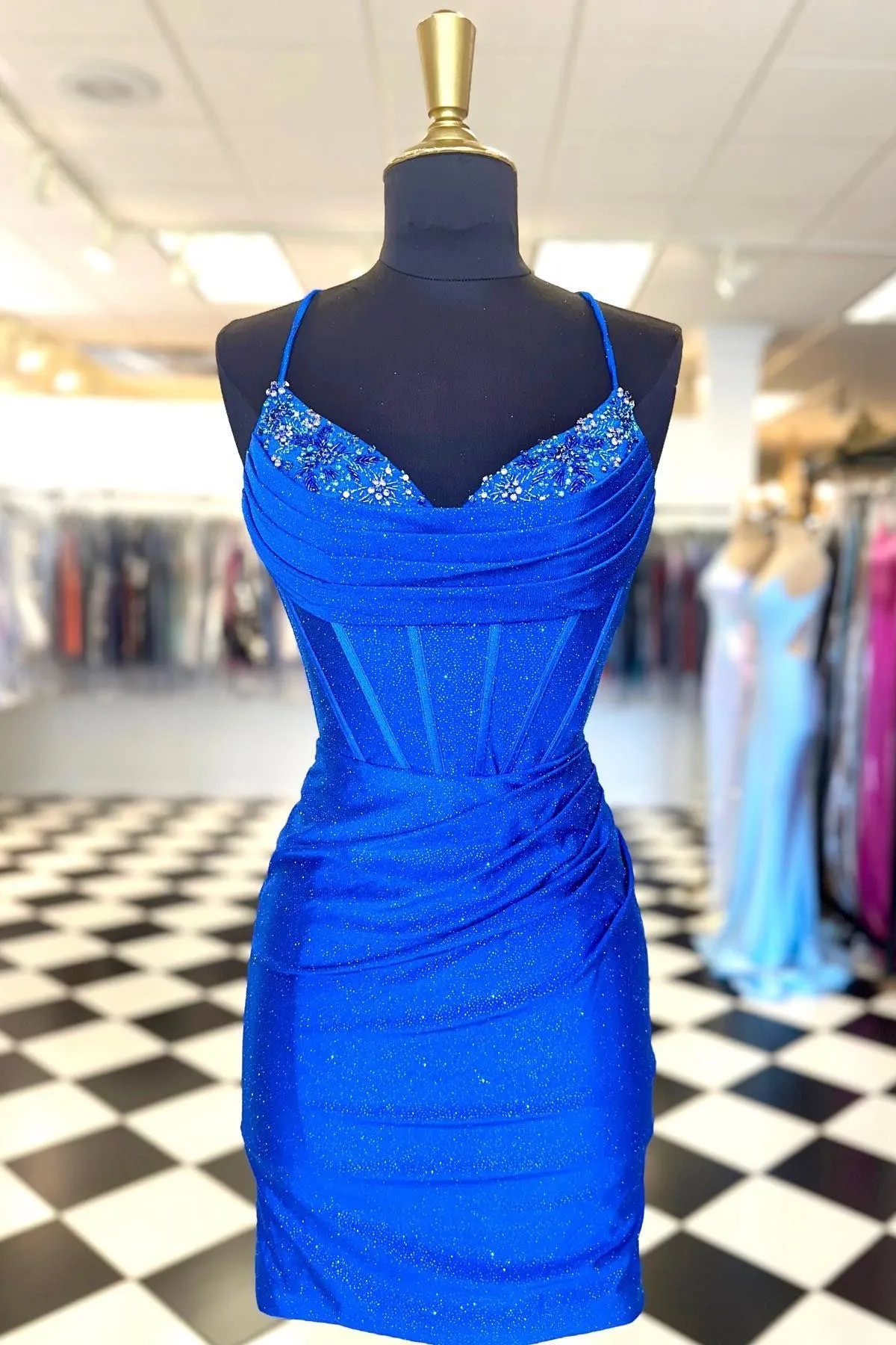 Blue Beaded Cowl Neck Lace-Up Short Cocktail Dress