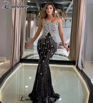 Blue Sequined Prom Dresses With Crystals Sleeveless Mermaid Cocktail Dresses Vestidos De Cóctel Wedding Party Dresses For Women