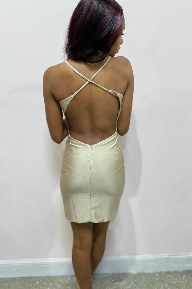 Champagne Beaded Cross-Back Bodycon Mini Cocktail Dress