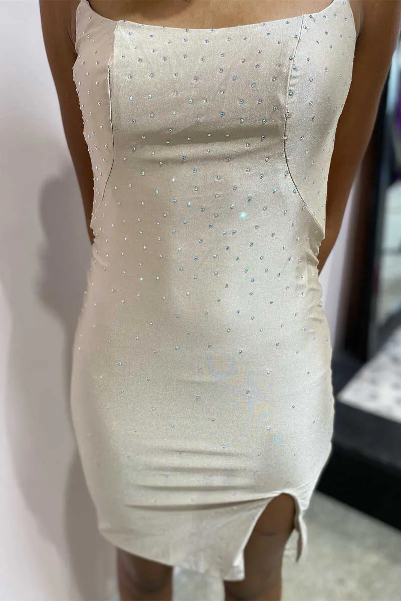 Champagne Beaded Cross-Back Bodycon Mini Cocktail Dress