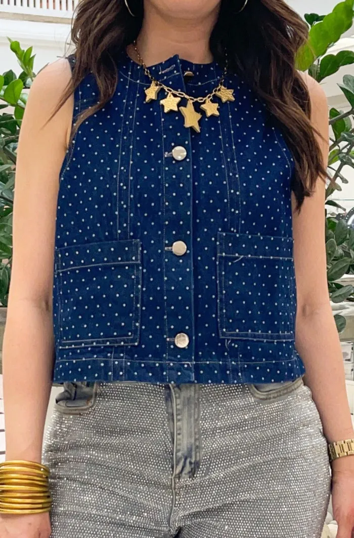 Denim Mini Polka Dot Sleeveless Top