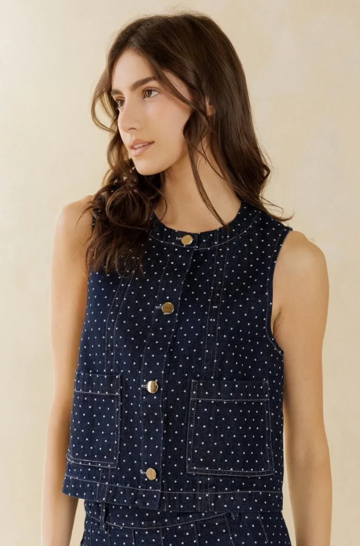 Denim Mini Polka Dot Sleeveless Top