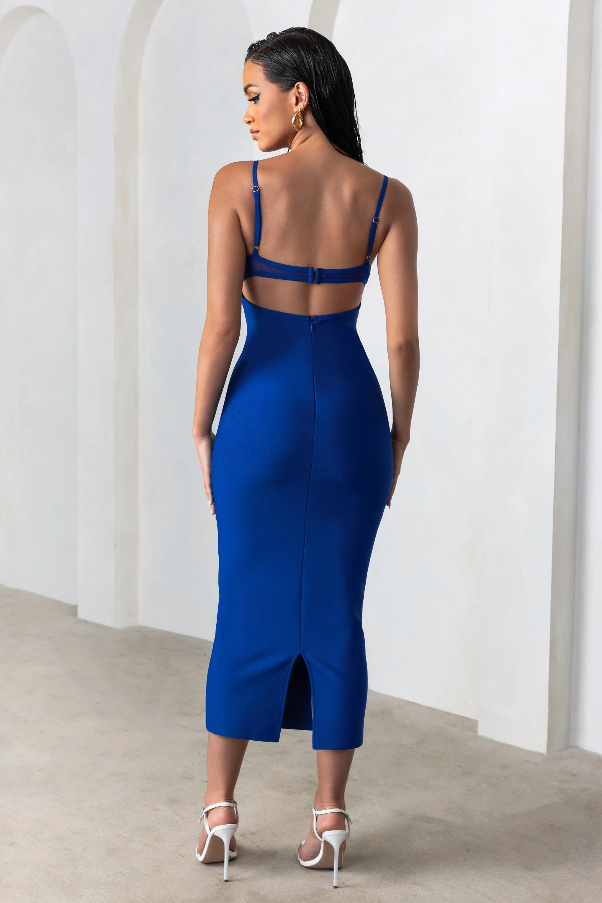 Destiny Calling | Electric Blue Bandage Mesh Cut Out Midi Dress with Bra Detail