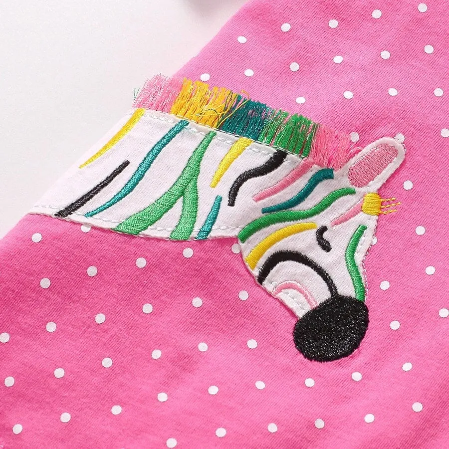 Embroidered Patch Zoo Animals Long Sleeve Top Dress