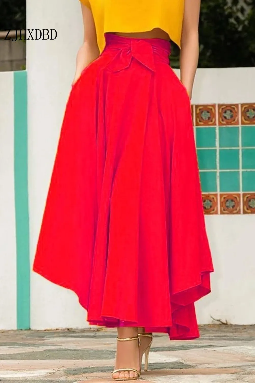 High Waisted Flared Skirt  Red