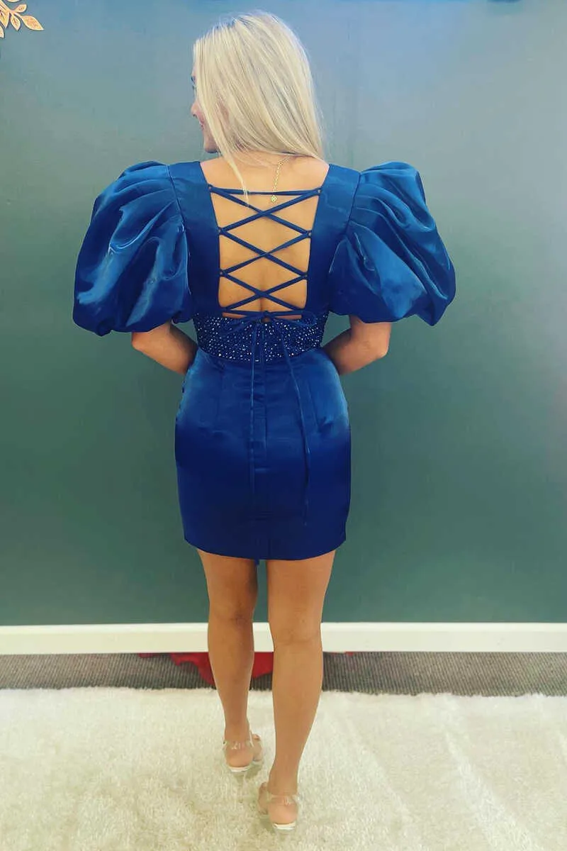 Indigo Beaded Puff Sleeve Bodycon Cocktail Dress
