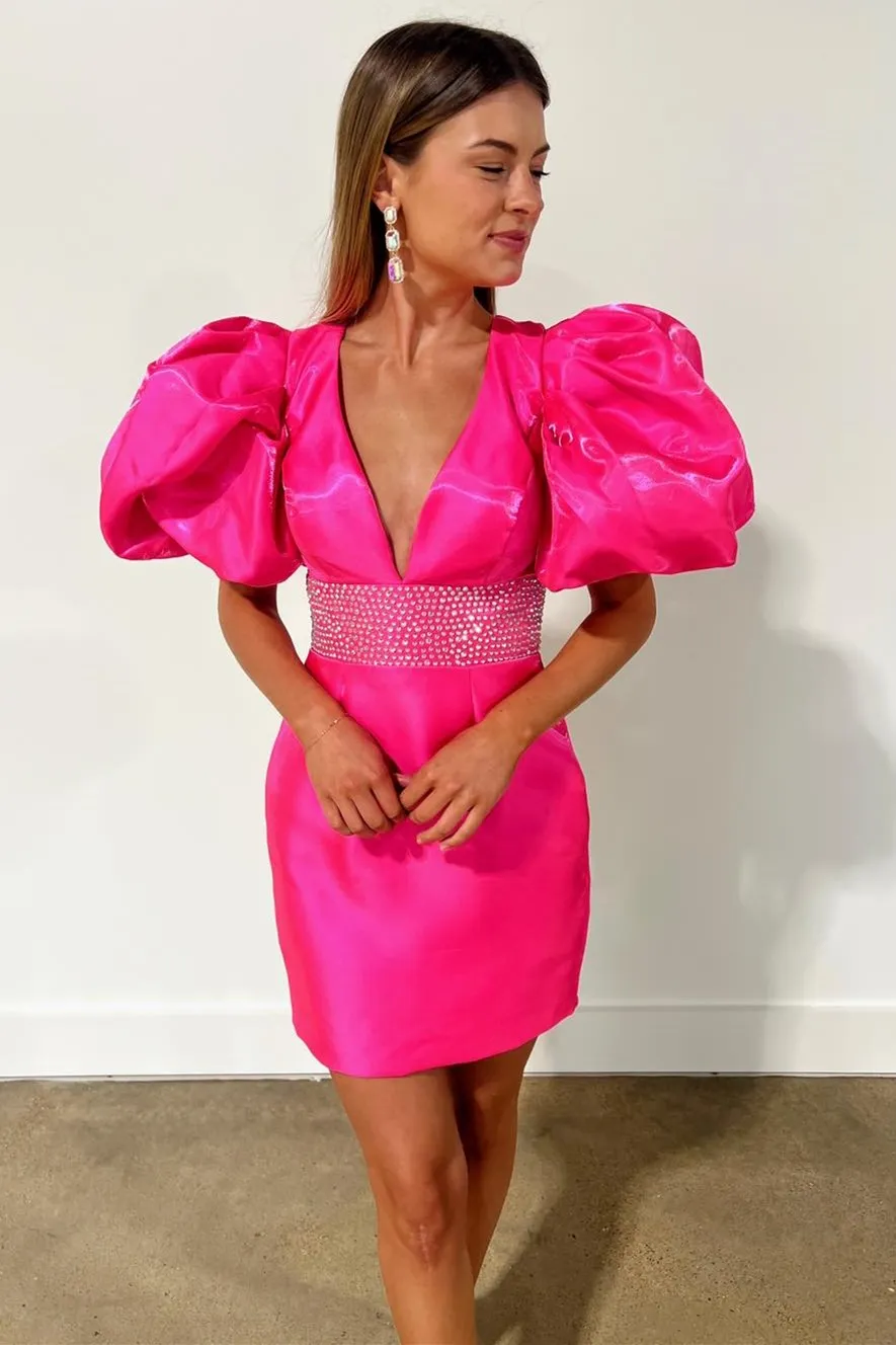 Indigo Beaded Puff Sleeve Bodycon Cocktail Dress