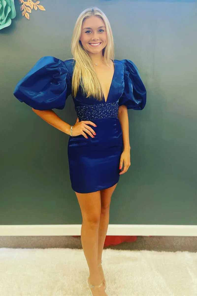 Indigo Beaded Puff Sleeve Bodycon Cocktail Dress