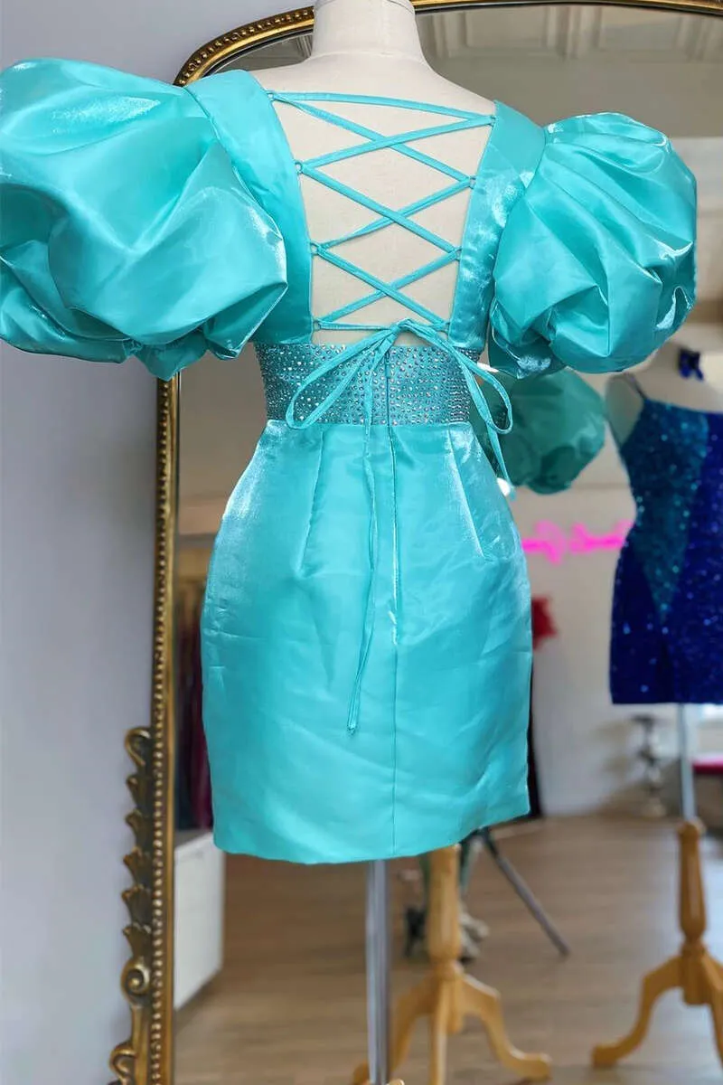 Indigo Beaded Puff Sleeve Bodycon Cocktail Dress