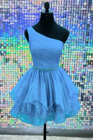 One-Shoulder Beaded Ruffle Homecoming Dress in Blue