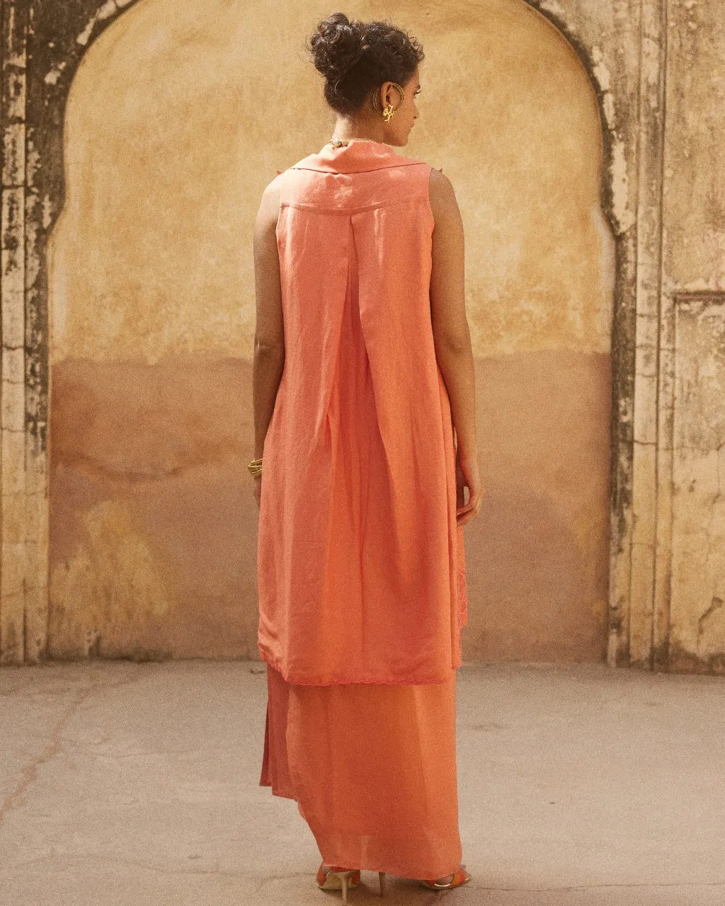 Peach Orange Linen Jacket Set