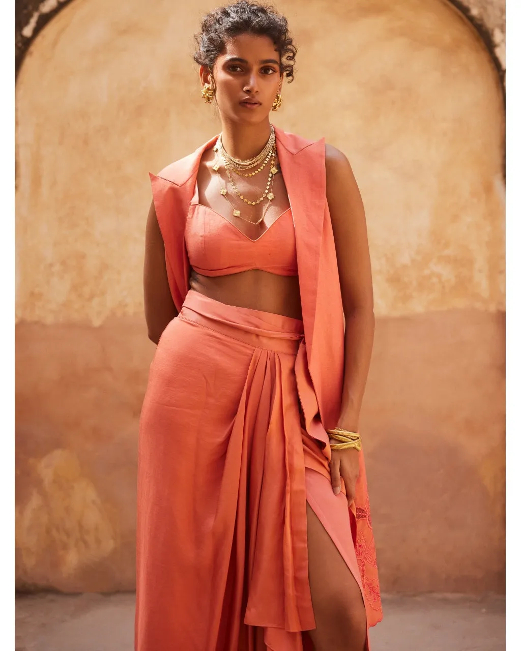 Peach Orange Linen Jacket Set