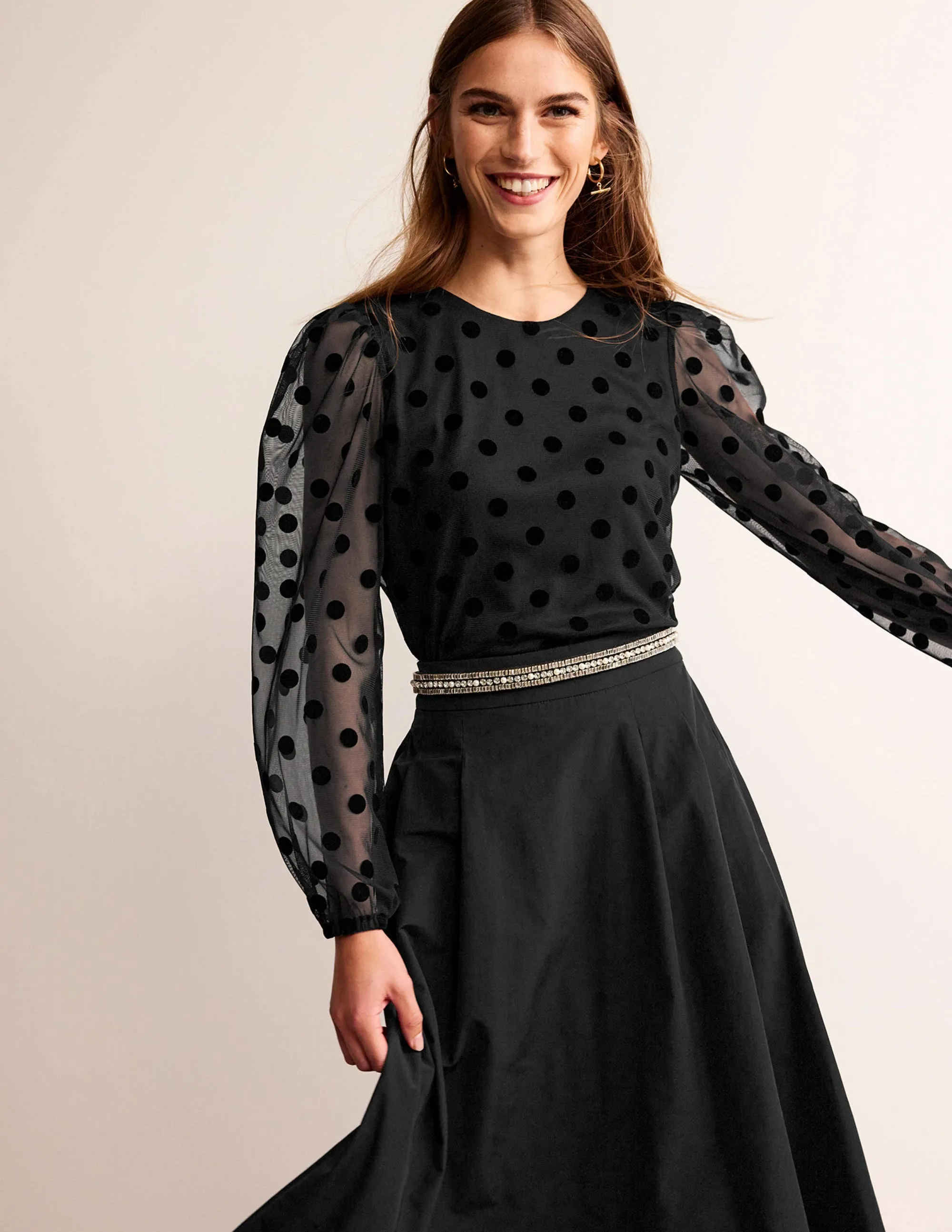 Puff-Sleeve Spotty Tulle Top-Black