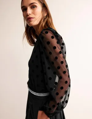 Puff-Sleeve Spotty Tulle Top-Black
