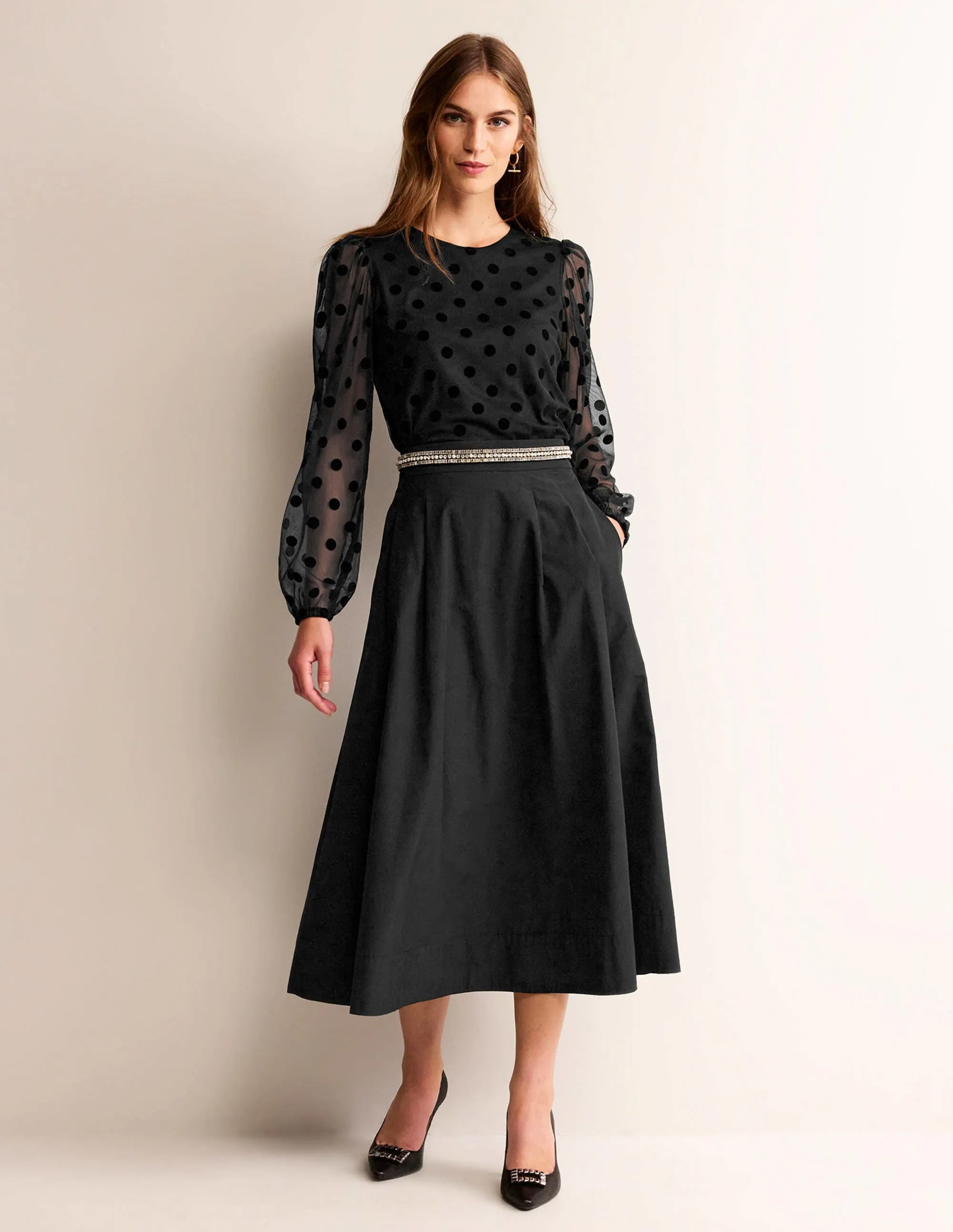 Puff-Sleeve Spotty Tulle Top-Black
