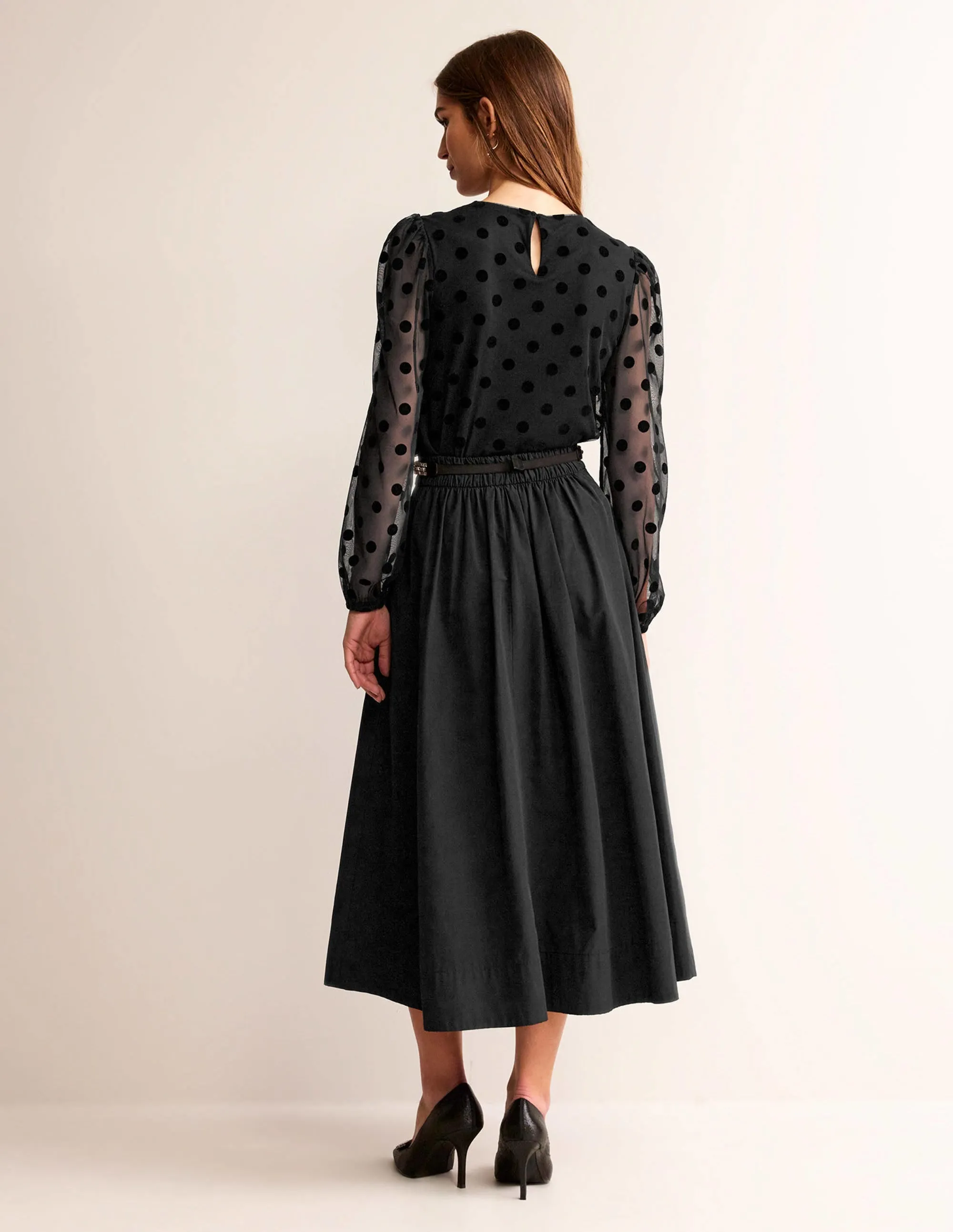 Puff-Sleeve Spotty Tulle Top-Black