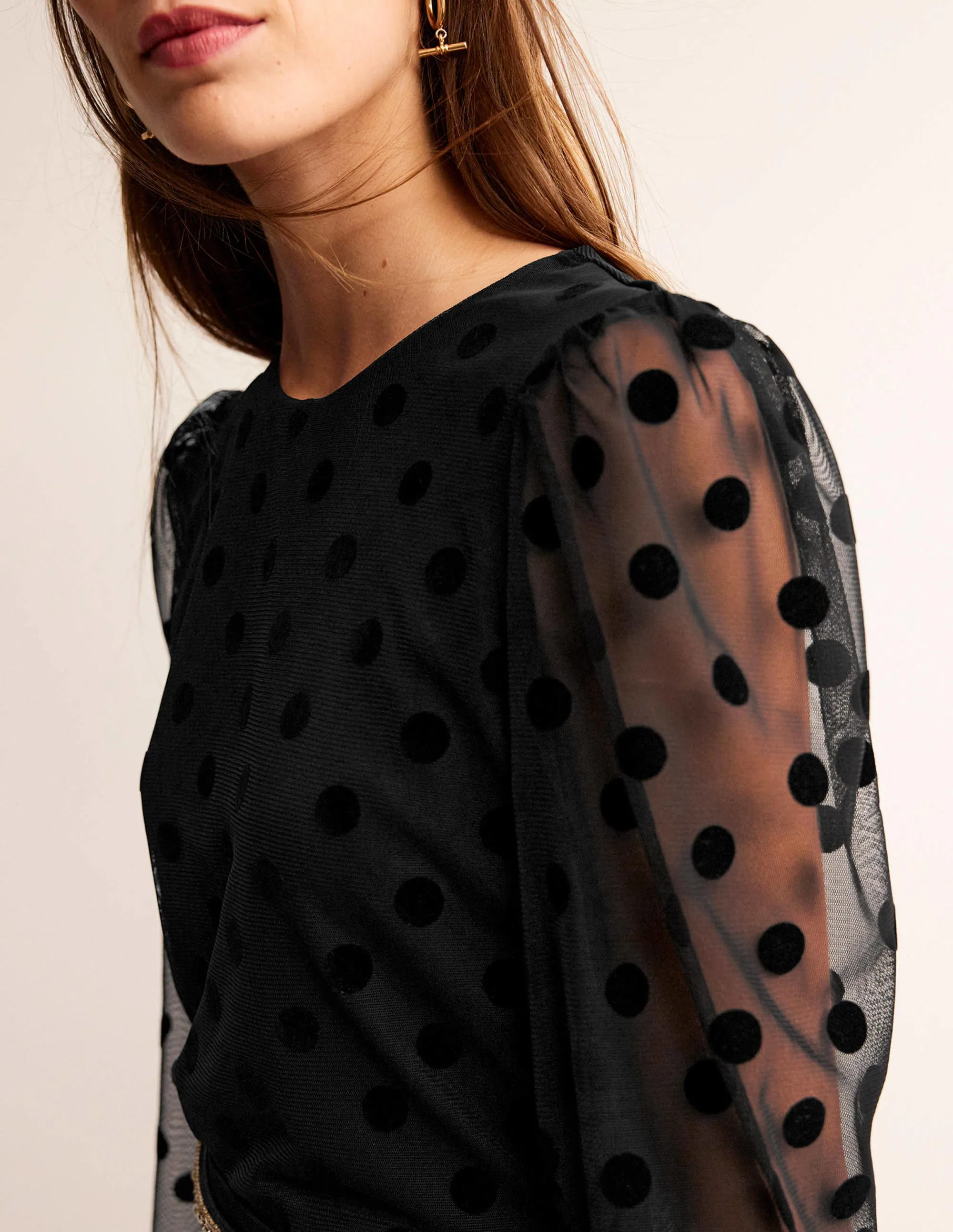 Puff-Sleeve Spotty Tulle Top-Black