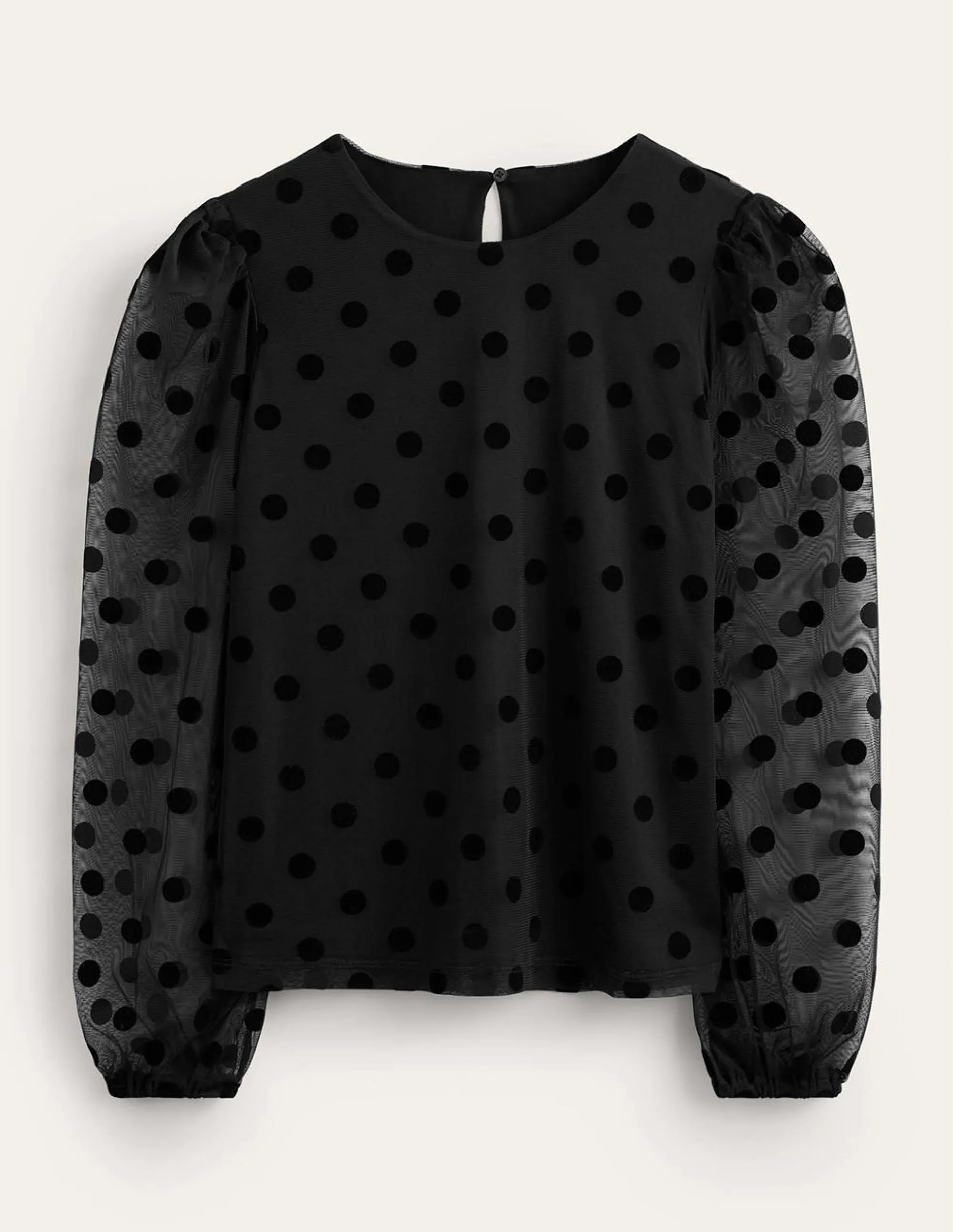 Puff-Sleeve Spotty Tulle Top-Black