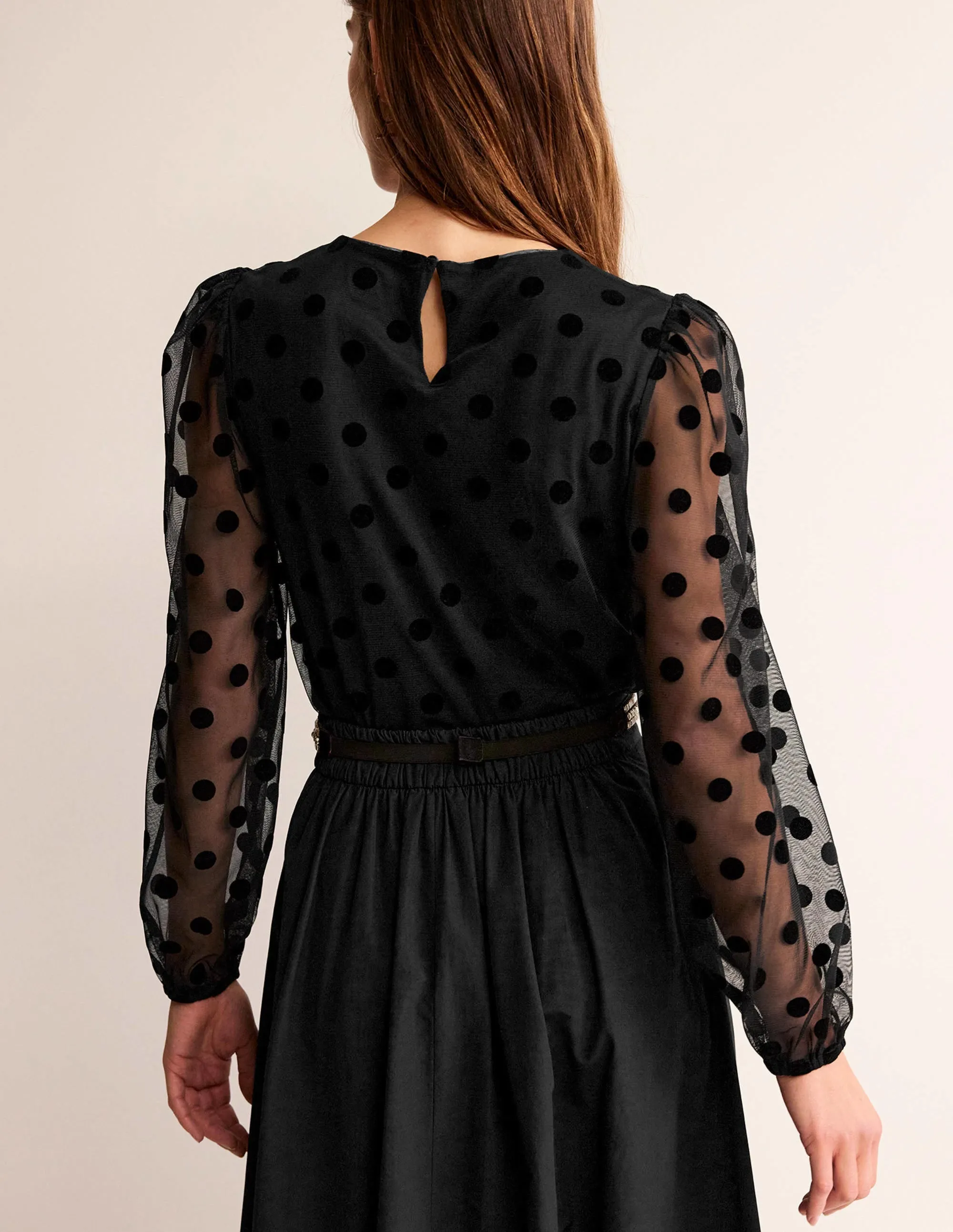 Puff-Sleeve Spotty Tulle Top-Black