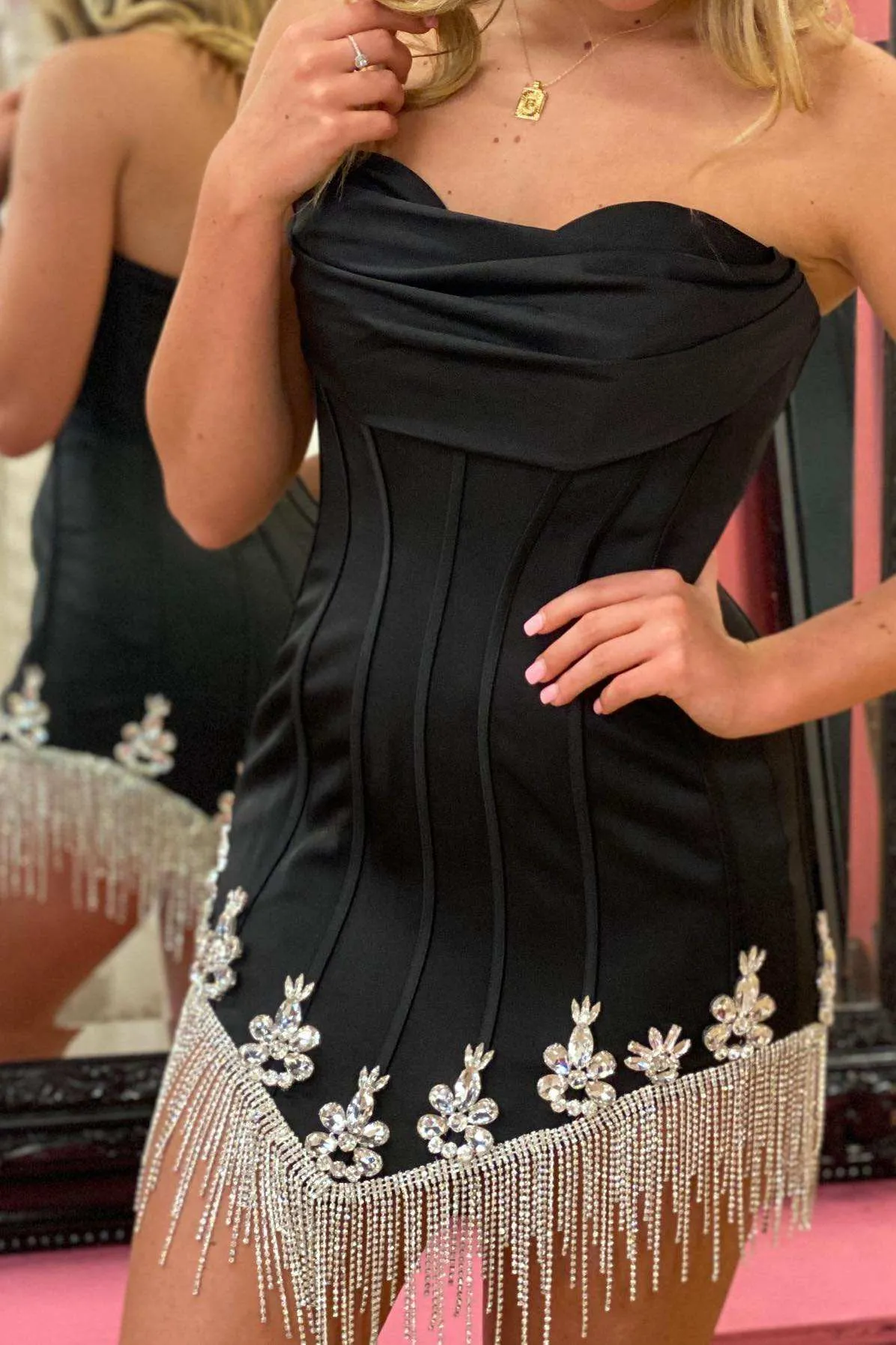 Red Strapless Beaded Fringes Cocktail Dress