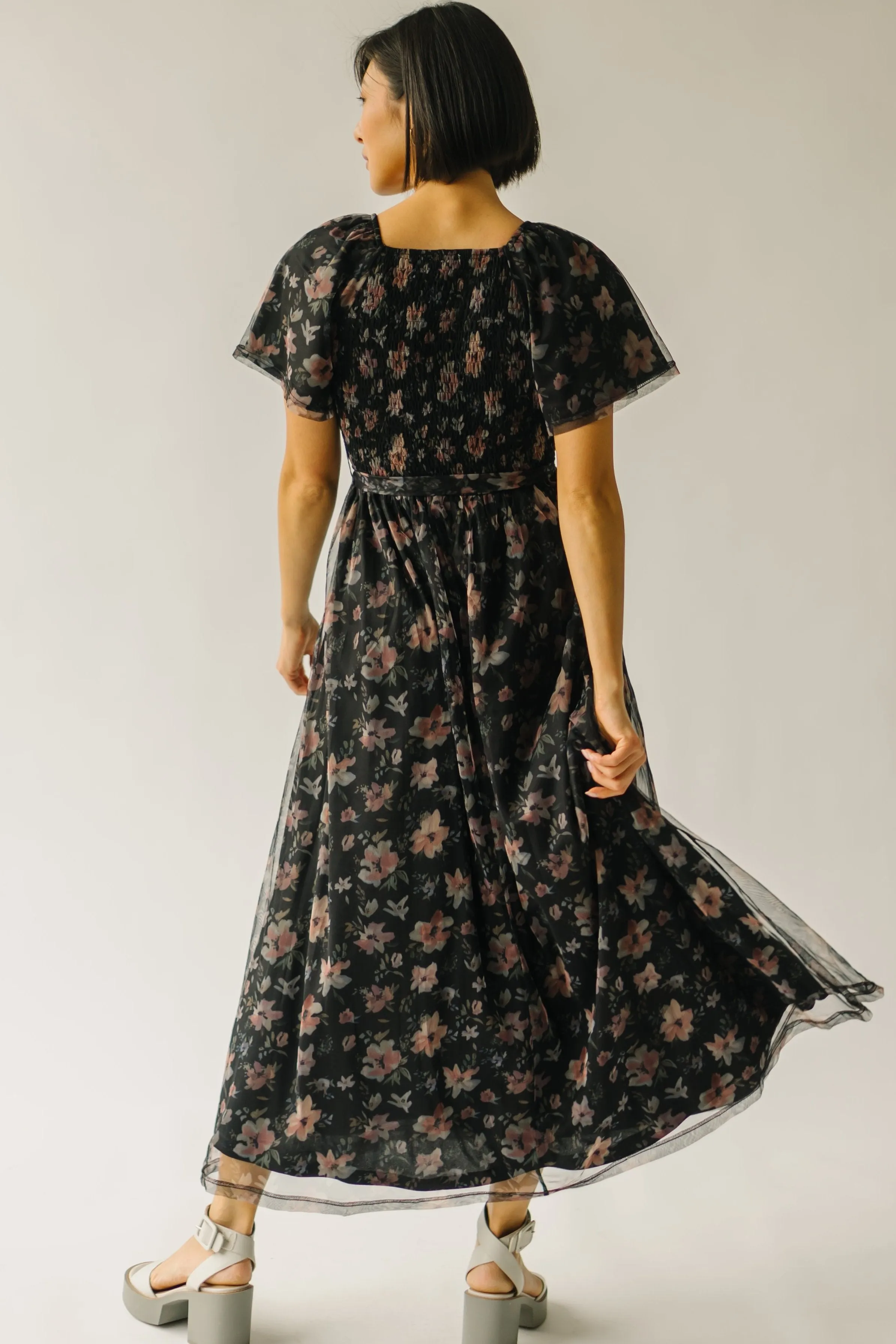 The Naperville Floral Mesh Detail Dress in Black Multi