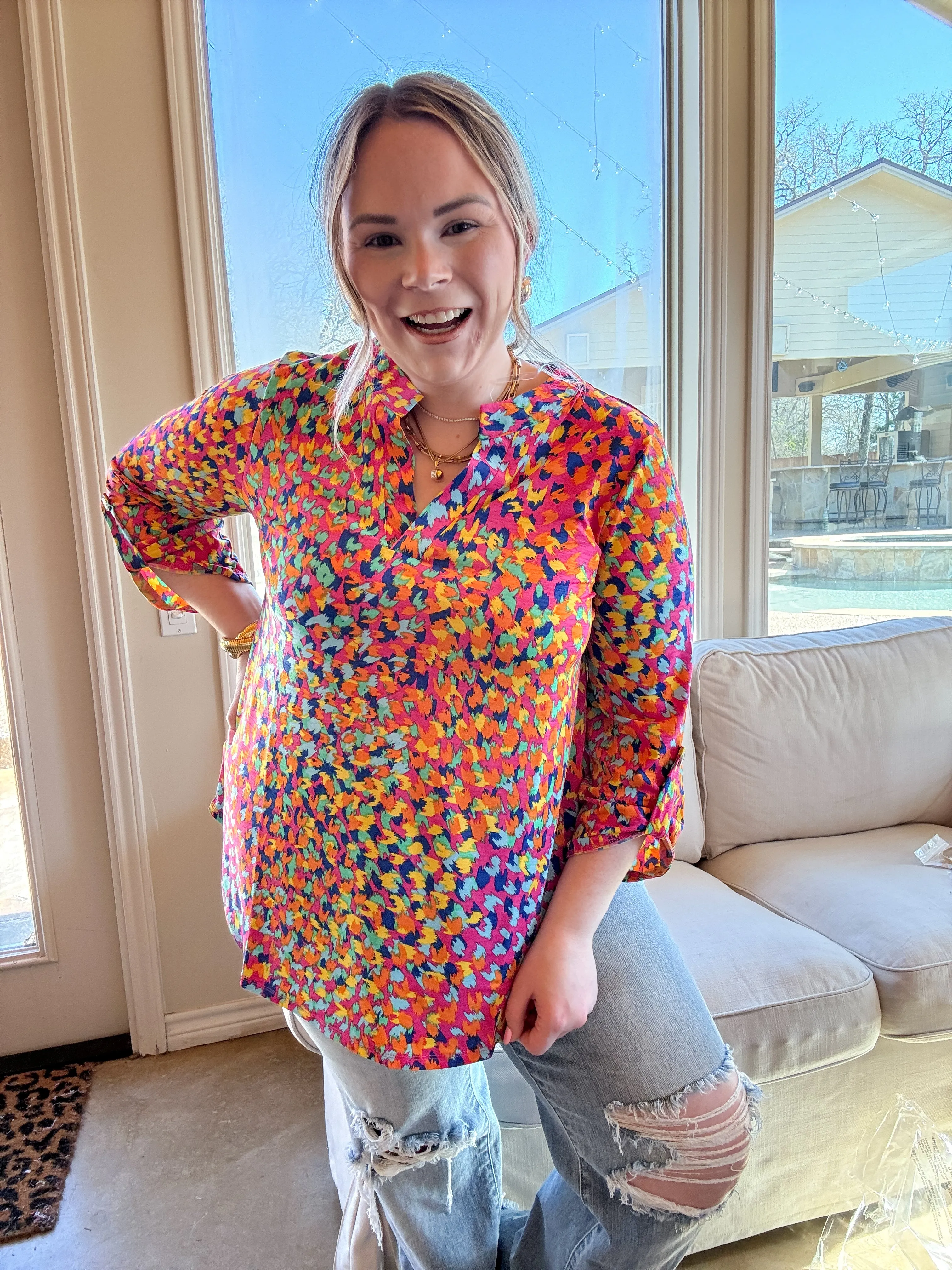 Urban Elegance Animal Print 3/4 Sleeve Tunic Top in Pink Mix