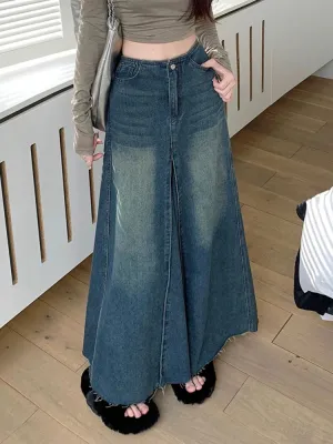 Vintage Washed High Waist Female Denim Skirts Blue Chic Zipper Pockets Fashion Office Ladies Solid Color Women's Skirts