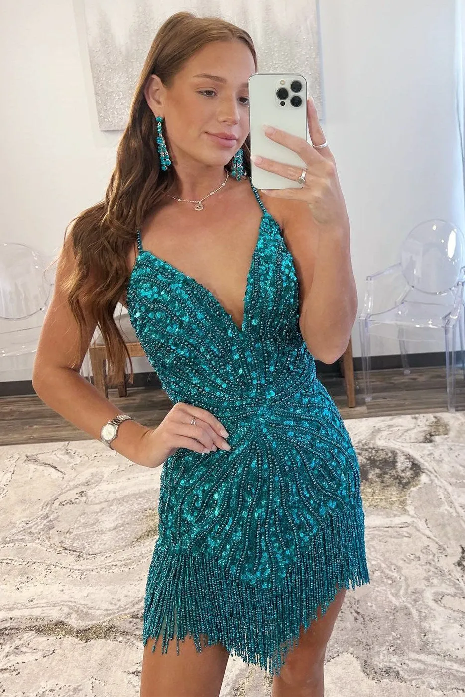 White Beaded V-Neck Cocktail Dress with Fringes