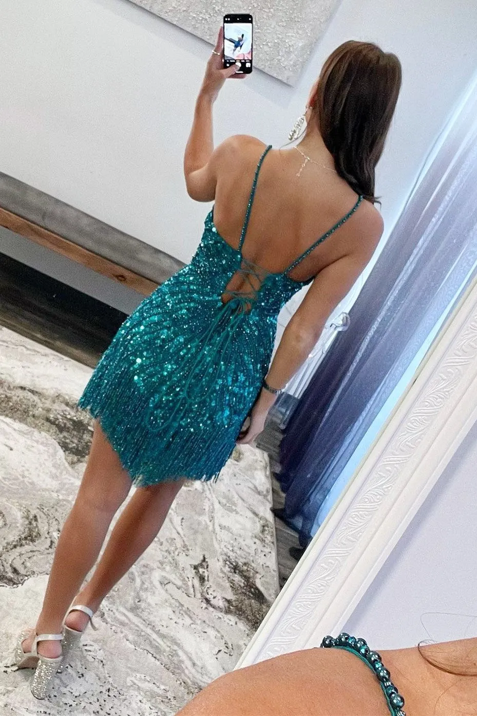 White Beaded V-Neck Cocktail Dress with Fringes