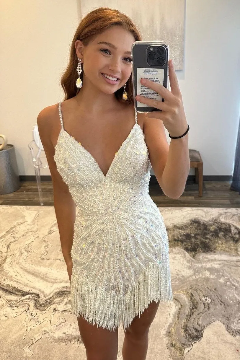 White Beaded V-Neck Cocktail Dress with Fringes