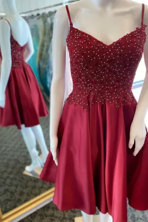 Wine Red Appliques Backless A-Line Cocktail Gown