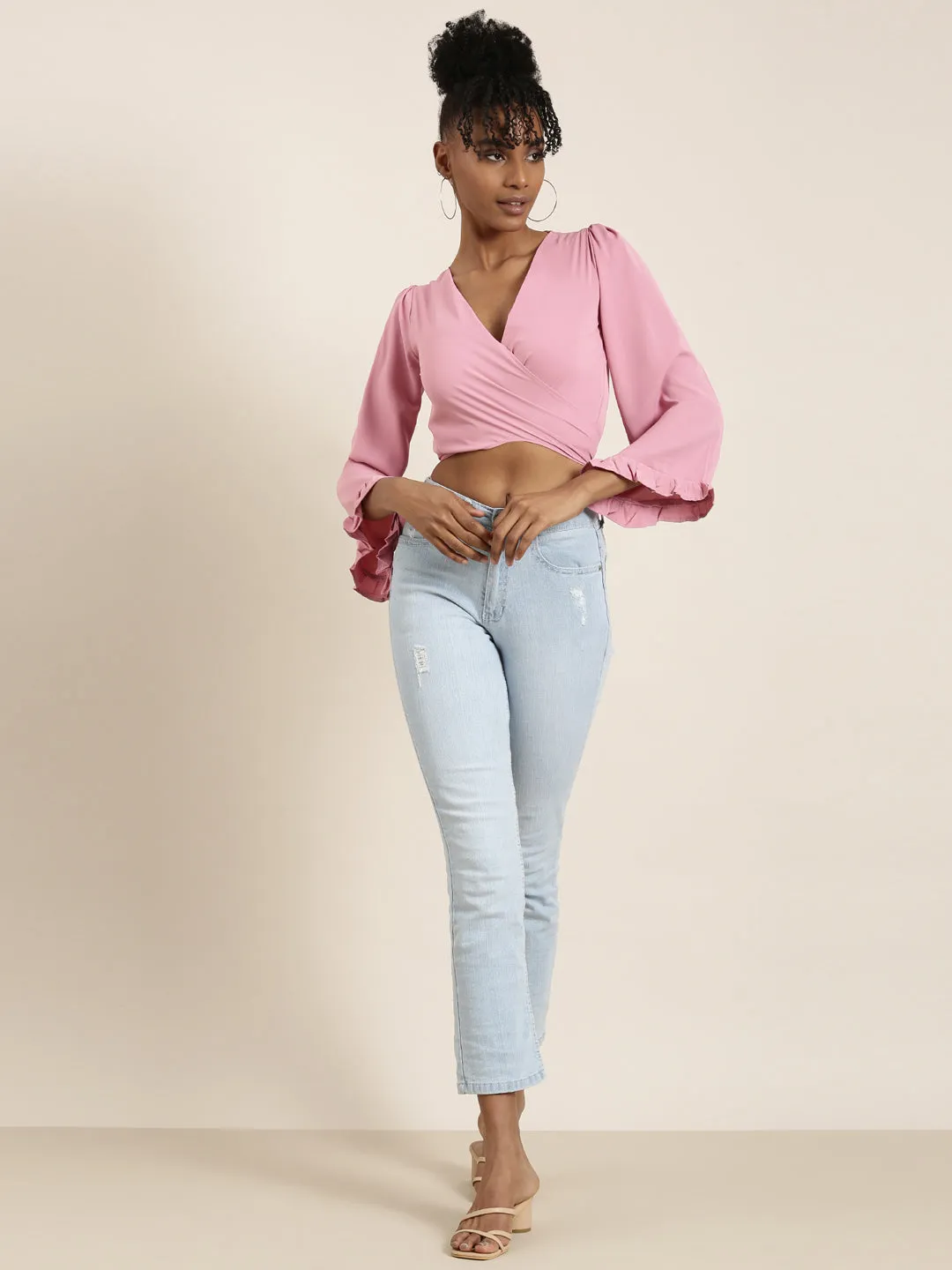 Women Pink Flared Sleeve Wrap Crop Top