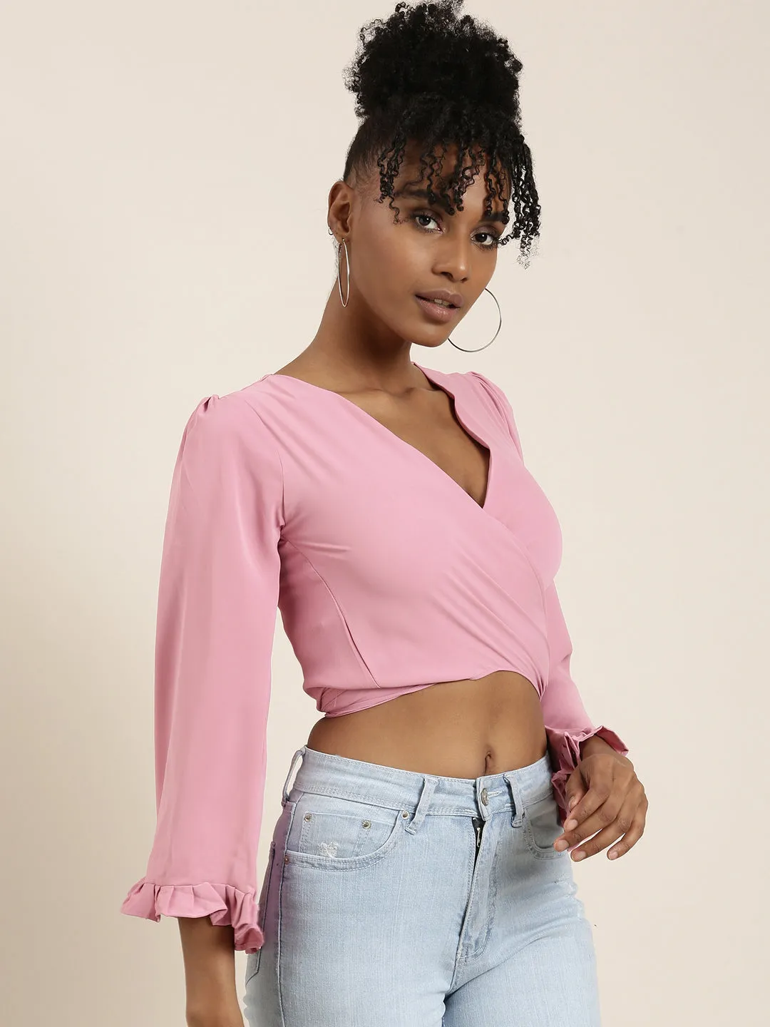 Women Pink Flared Sleeve Wrap Crop Top
