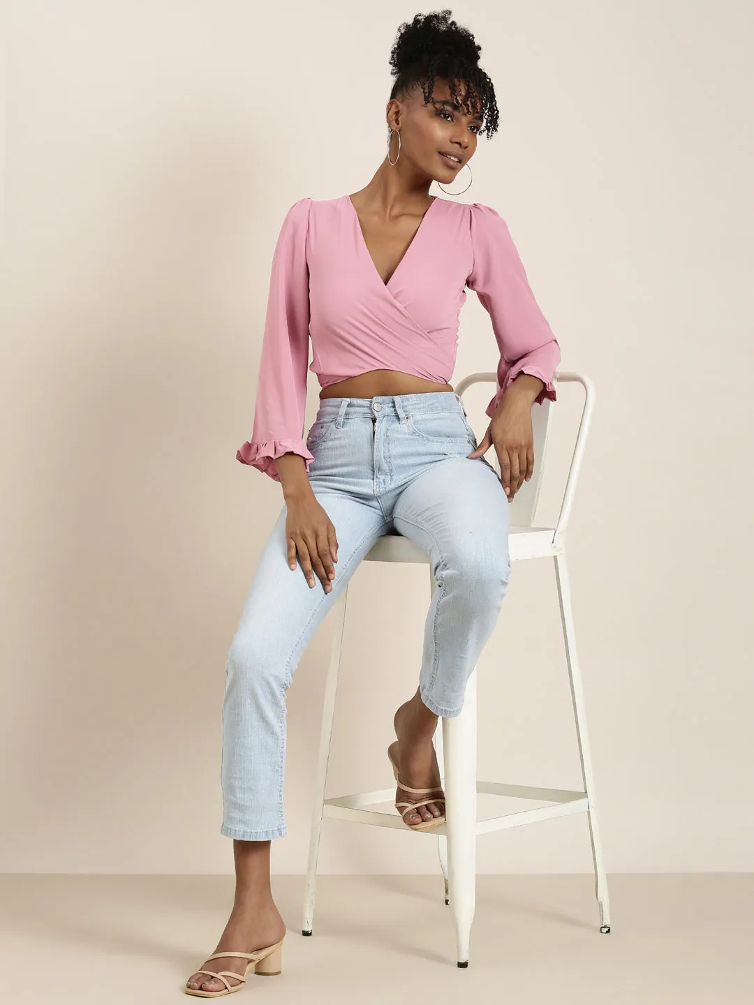 Women Pink Flared Sleeve Wrap Crop Top