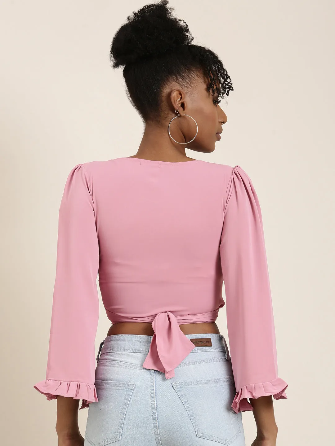 Women Pink Flared Sleeve Wrap Crop Top
